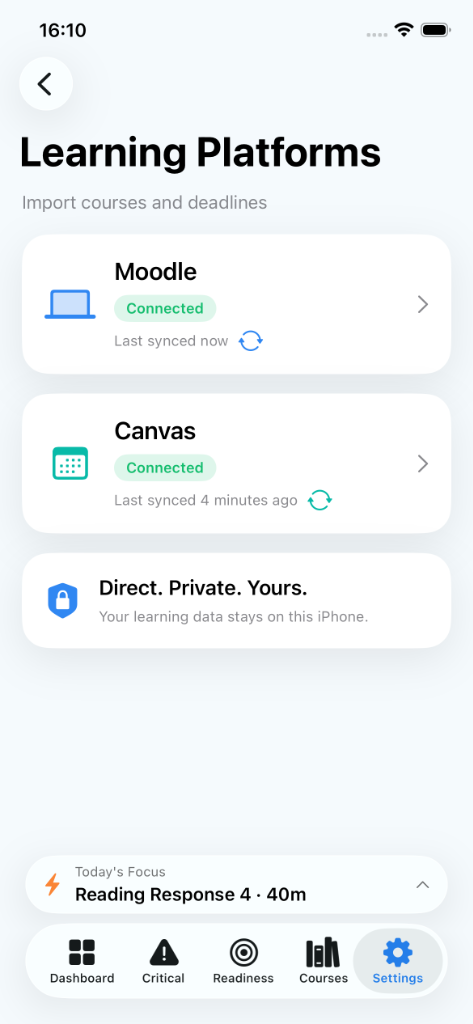 GapTracker learning platforms screen showing Moodle and Canvas connected directly on iPhone.