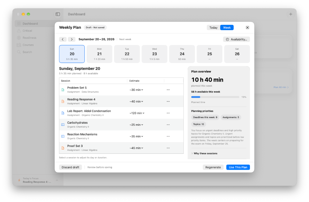 GapTracker v3.1 on-device Weekly Plan on Mac showing schedule for September 20-26, 10h 40m planned study time across courses, and planning priorities.